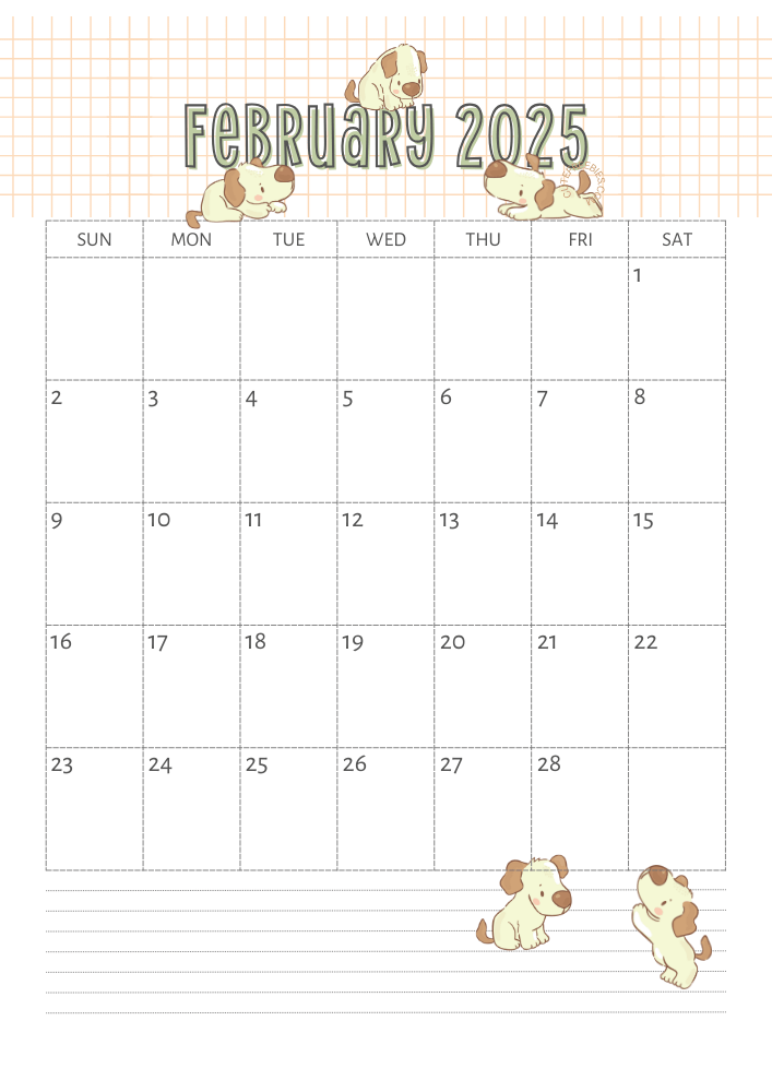 February 2025 calendar for kids cute dogs free printable #cutefreebiesforyou SEE PREVIOUS POST TO DOWNLOAD THE COMPLETE 2025 CALENDAR