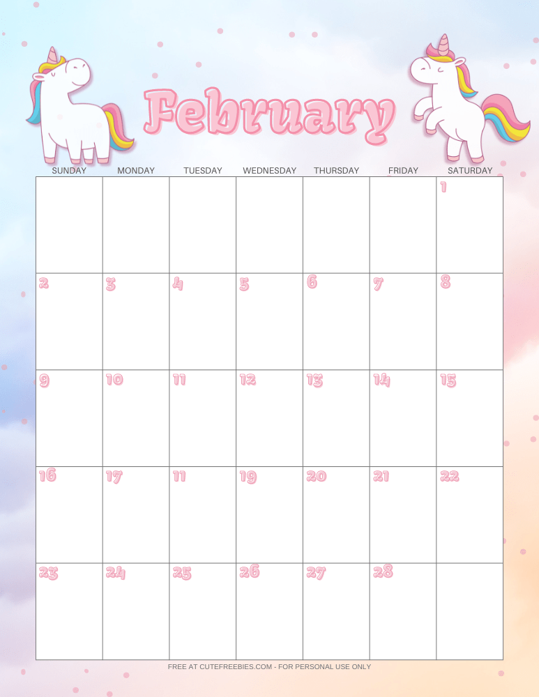 February 2025 calendar with unicorns #unicorn #freeprintable #cutefreebiesforyou #2025