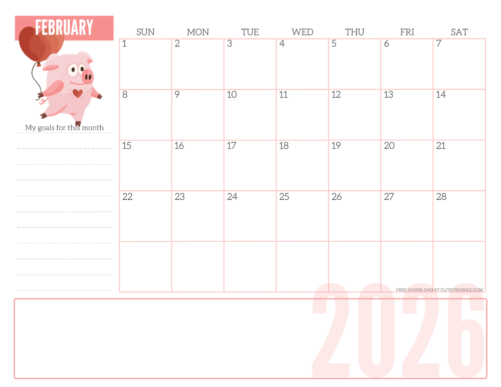 February 2026 CUTE monthly planner - free printable 2026 monthly calendar pink pig #printablesandinspirations #freeprintable SEE PREVIOUS POST TO DOWNLOAD THE COMPLETE 2026 CALENDAR