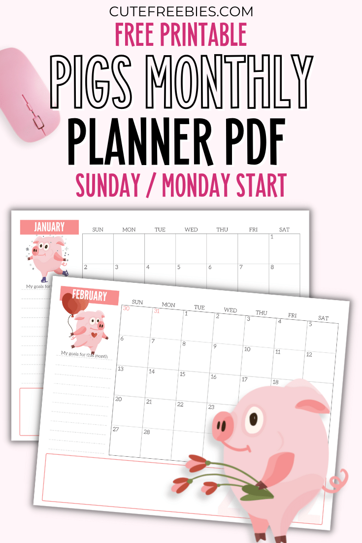 Free Printable 2026 MONTHLY PLANNER CALENDAR PDF - Cute 2026 PINK PIGS calendar - free pdf download now! #freeprintable #cutefreebiesforyou