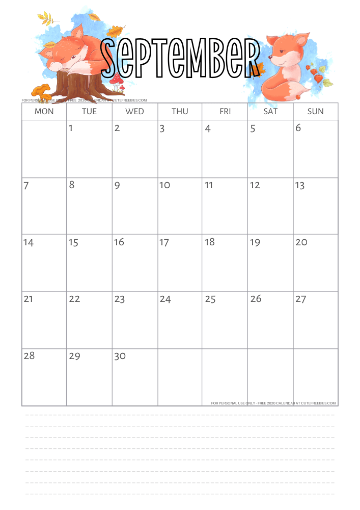 Free printable September 2020 calendar with fox, autumn calendar #cutefreebies
