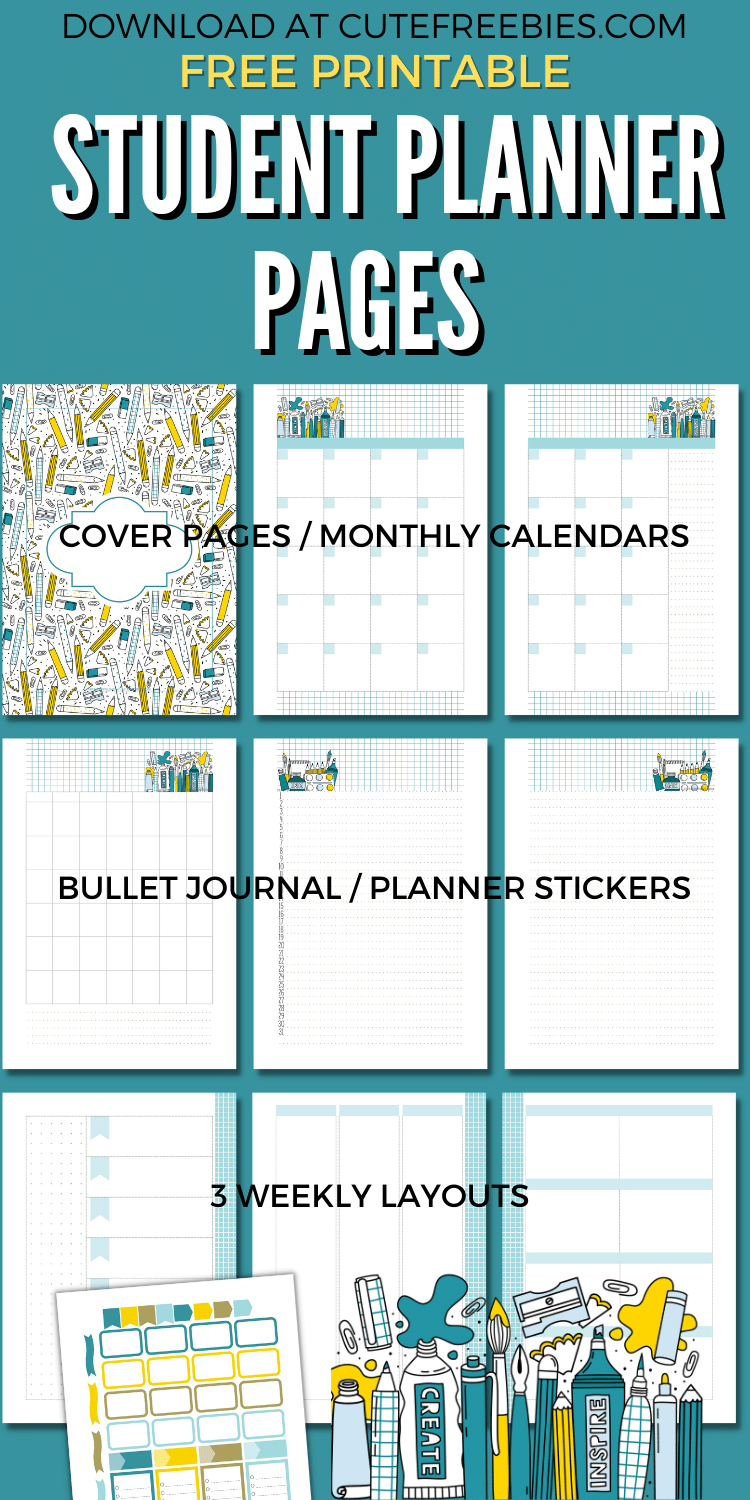 FREE PRINTABLE STUDENT PLANNER TEMPLATE with monthly calendar, weekly planner, bullet journal pages for school. #freeprintable #printableplanner #schoolplanner #studentplanner #bulletjournal #backtoschool #cutefreebiesforyou