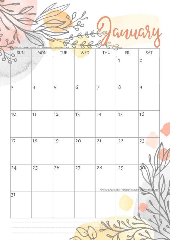 January 2021 calendar free printable monthly planner - See previous post to download the PDF file. #cutefreebiesforyou