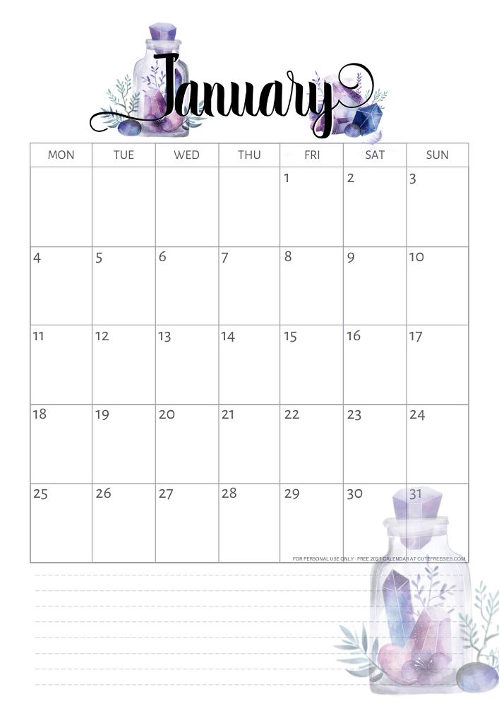 January 2021 calendar - free printable monthly calendar with purple crystals (SEE PREVIOUS POST DO DOWNLOAD THE PDF)