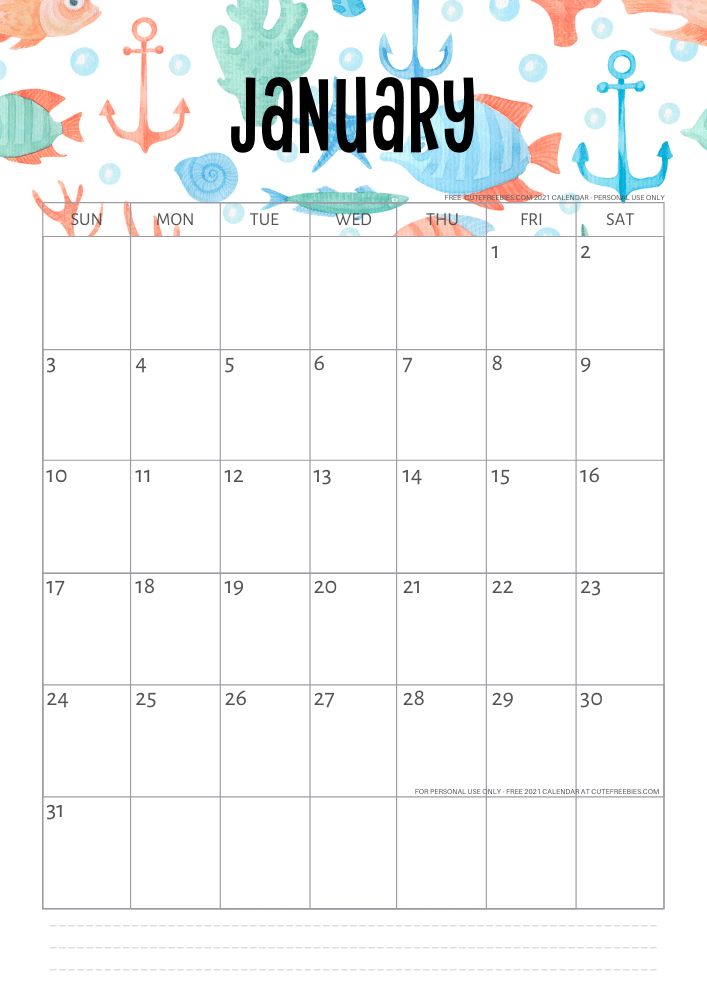 January 2021 Monthly calendar - sea themed #cutefreebiesforyou #freeprintable