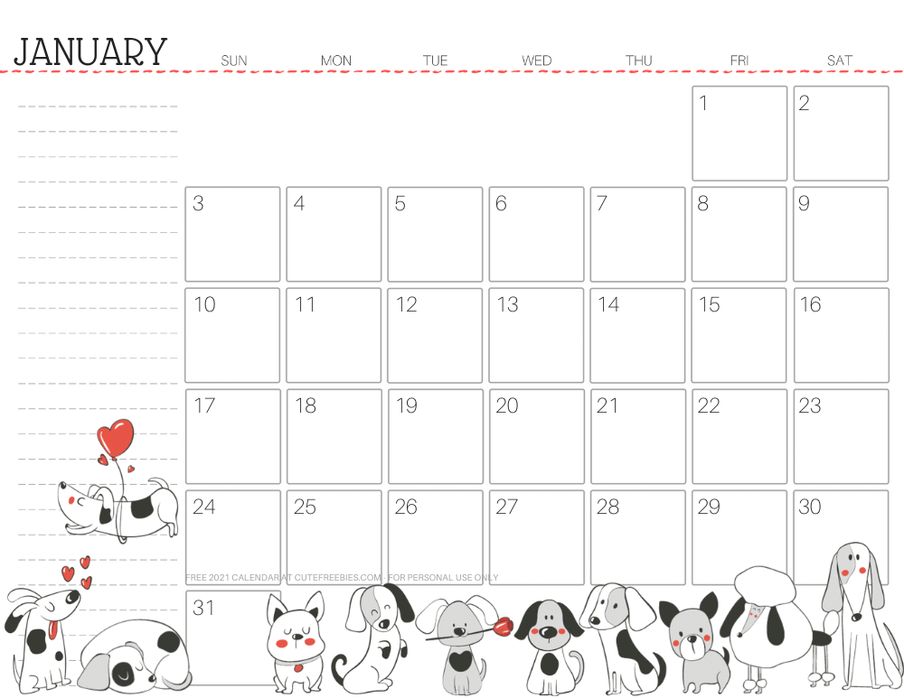 January 2021 calendar cute dog free printable #cutefreebiesforyou SEE PREVIOUS POST TO DOWNLOAD THE FREE PDF FILE