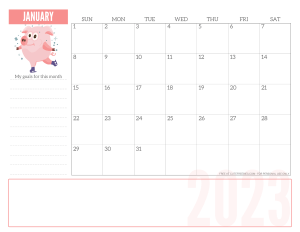 JANUARY 2023 CUTE monthly planner - free printable 2023 monthly calendar pink pig #printablesandinspirations #freeprintable SEE PREVIOUS POST TO DOWNLOAD THE COMPLETE 2023 CALENDAR
