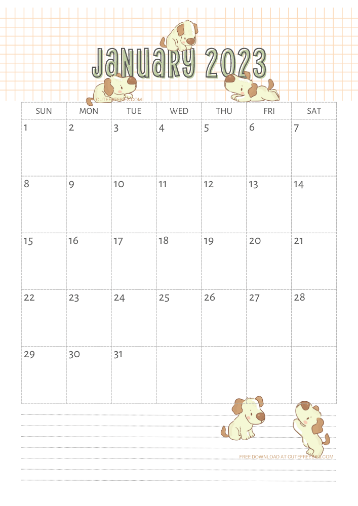 January 2023 calendar for kids cute dogs free printable #cutefreebiesforyou SEE PREVIOUS POST TO DOWNLOAD THE COMPLETE 2023 CALENDAR