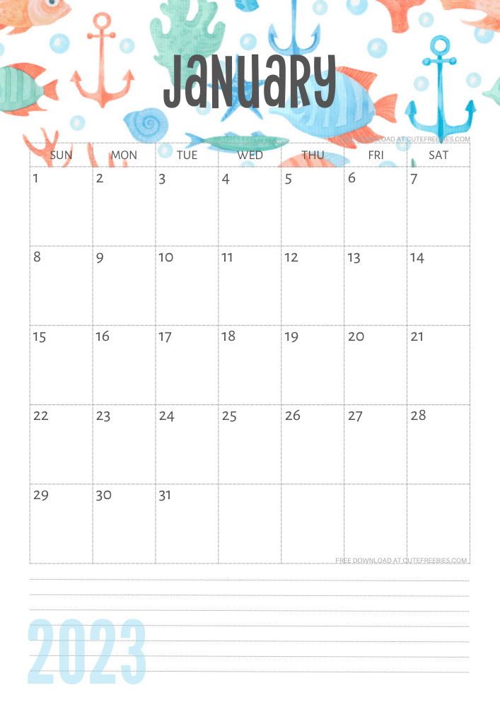 January 2023 Sea themed calendar free printable