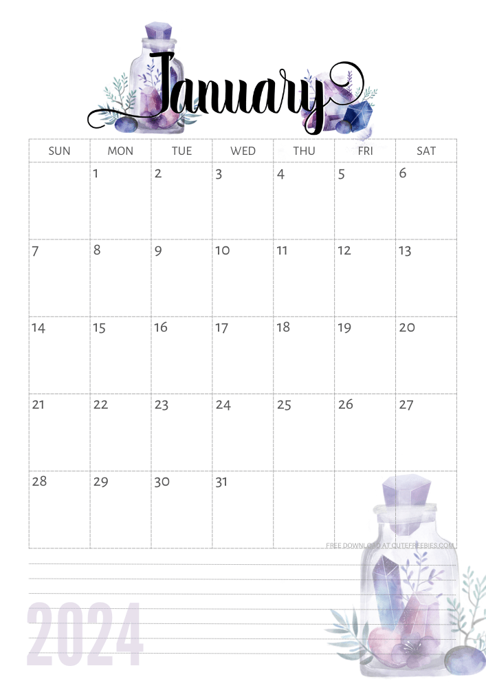 January 2024 calendar - free printable monthly calendar with purple crystals (SEE PREVIOUS POST TO DOWNLOAD THE COMPLETE 2024 CALENDAR)