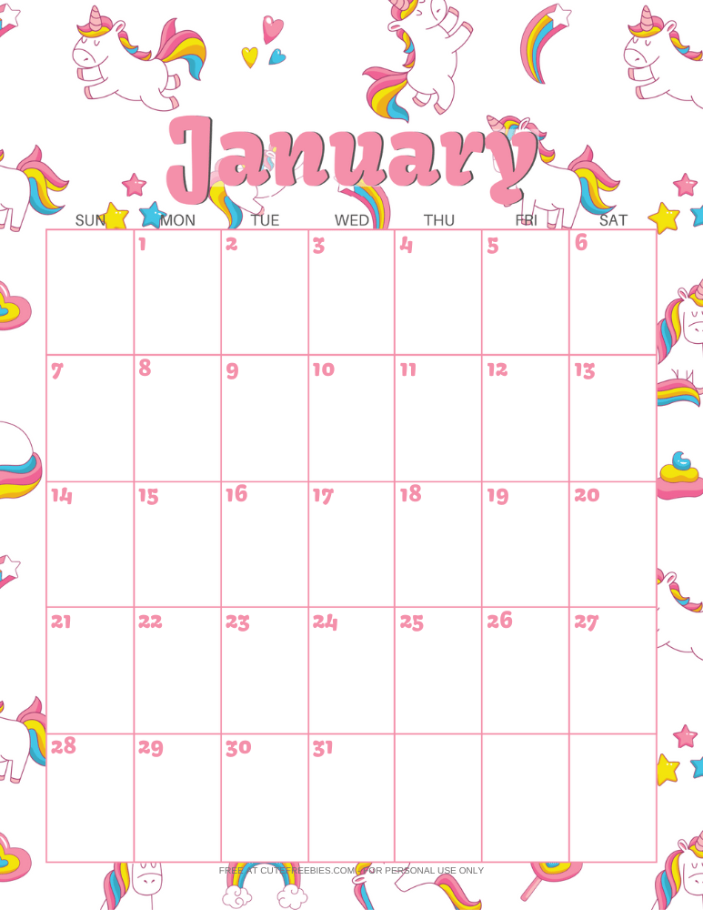 January 2024 calendar with unicorns #unicorn #freeprintable #cutefreebiesforyou