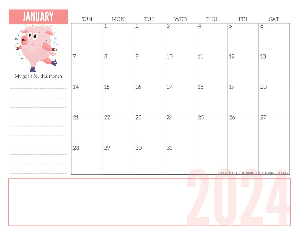 JANUARY 2024 CUTE monthly planner - free printable 2024 monthly calendar pink pig #printablesandinspirations #freeprintable SEE PREVIOUS POST TO DOWNLOAD THE COMPLETE 2024 CALENDAR