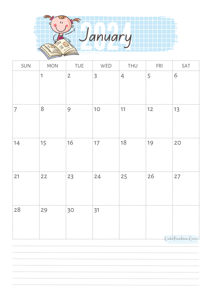 January 2024 cute calendar for kids - free printable monthly planner #cutefreebiesforyou - SEE PREVIOUS POST TO DOWNLOAD THE COMPLETE 2024 CALENDAR