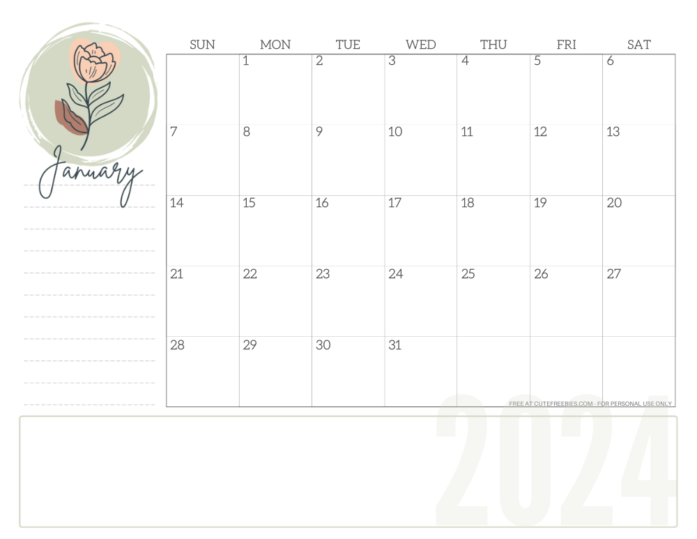 JANUARY 2024 minimalist floral calendar - simple floral line design #cutefreebiesforyou #freeprintable SEE PREVIOUS POST TO DOWNLOAD THE COMPLETE 2024 CALENDAR