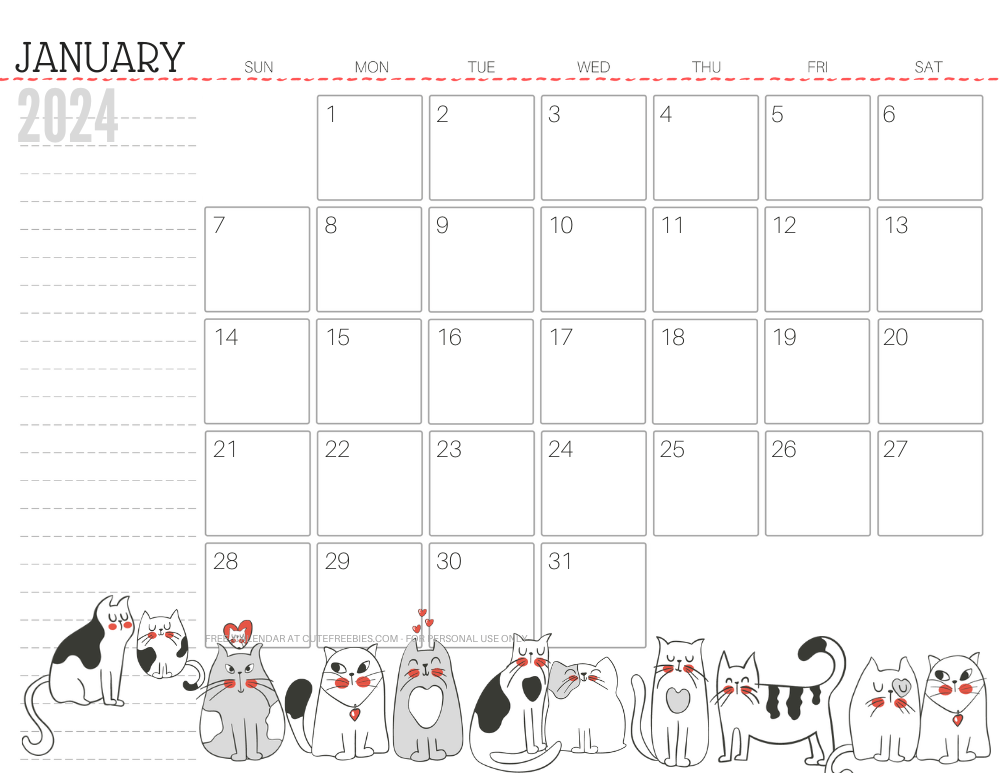 January 2024 monthly planner cat free printable #cutefreebiesforyou - SEE PREVIOUS POST TO DOWNLOAD THE COMPLETE 2024 CALENDAR