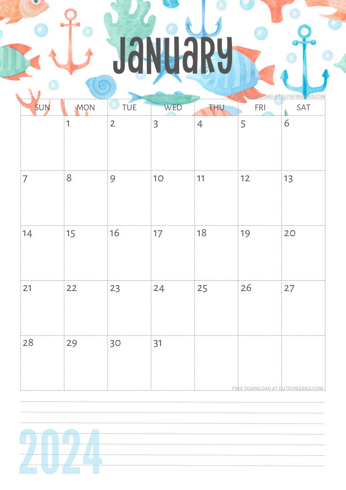 January 2024 Under the Sea themed calendar free printable - SEE PREVIOUS POST TO DOWNLOAD THE COMPLETE 2024 CALENDAR