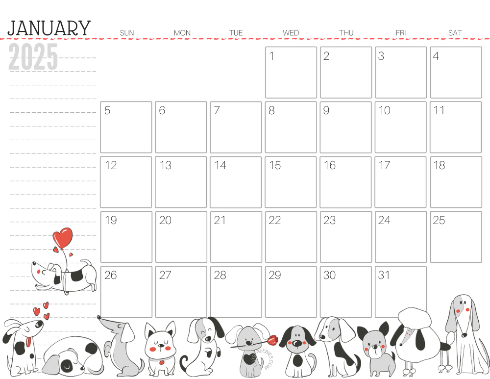 January 2025 calendar cute dog free printable #cutefreebiesforyou SEE PREVIOUS POST TO DOWNLOAD THE COMPLETE 2025 CALENDAR