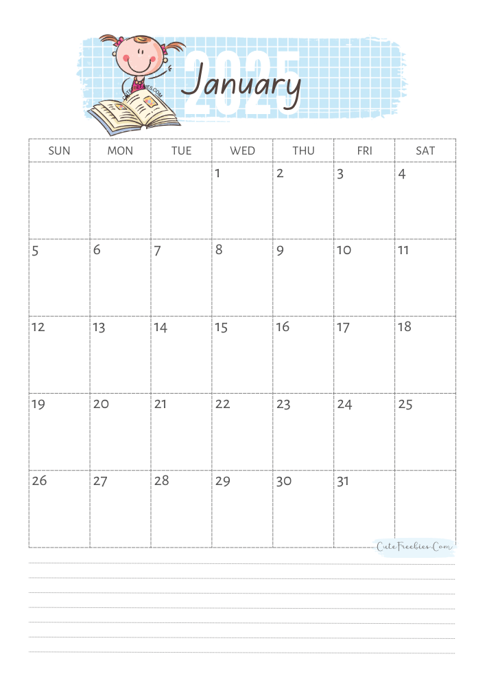 January 2025 cute calendar for kids - free printable monthly planner #cutefreebiesforyou - SEE PREVIOUS POST TO DOWNLOAD THE COMPLETE 2025 CALENDAR