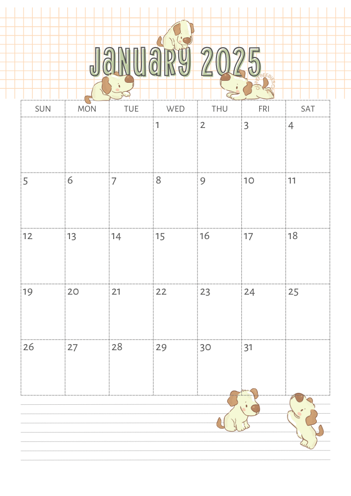 January 2025 calendar for kids cute dogs free printable #cutefreebiesforyou SEE PREVIOUS POST TO DOWNLOAD THE COMPLETE 2025 CALENDAR
