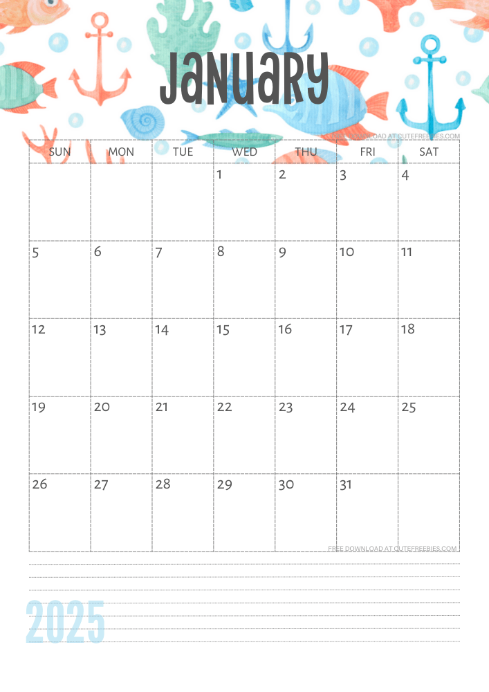 January 2025 Under the Sea themed calendar free printable - SEE PREVIOUS POST TO DOWNLOAD THE COMPLETE 2025 CALENDAR