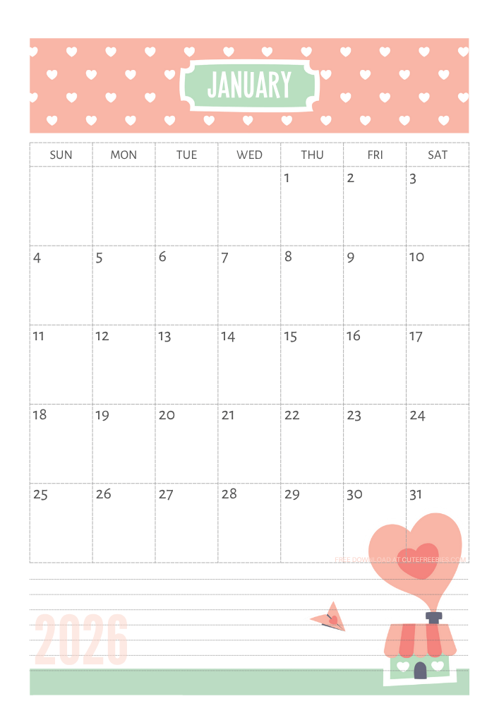 Free Printable Cute 2026 Calendar - cute monthly calendar planner, downloadable PDF, Sunday or Monday start 2026 calendar. #cutefreebiesforyou #freeprintable