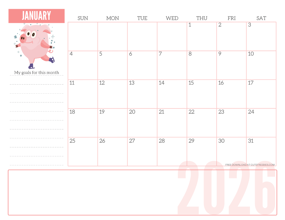 January 2026 CUTE monthly planner - free printable 2026 monthly calendar pink pig #printablesandinspirations #freeprintable SEE PREVIOUS POST TO DOWNLOAD THE COMPLETE 2026 CALENDAR