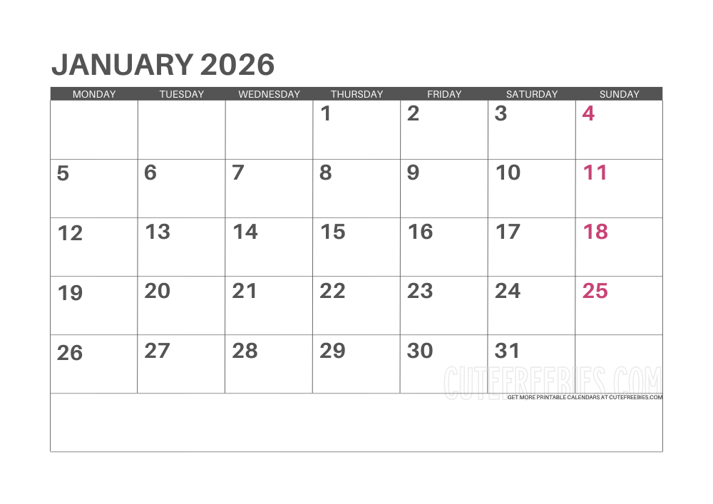 January 2026 Monday calendar free printable monthly planner #cutefreebiesforyou - SEE PREVIOUS POST TO DOWNLOAD THE COMPLETE 2026 CALENDAR PLANNER