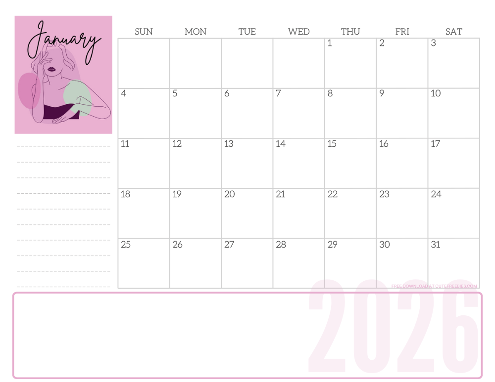 January 2026 line art calendar for women - free printable monthly planner - CLICK PREVIOUS POST TO DOWNLOAD THE COMPLETE 2026 CALENDAR