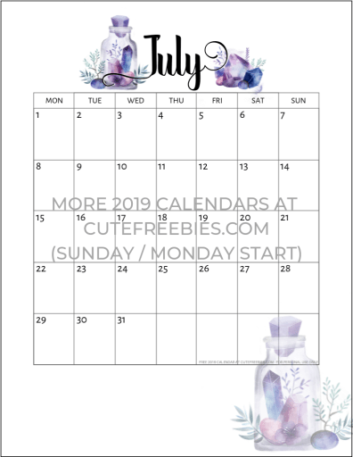 July 2019 Calendar Free Printable - Monthly planner printable with crystal gems. A4 A5 and US Letter size. Free pdf download now! #cutefreebiesforyou #freeprintable #crystals #bujomonthly #gems