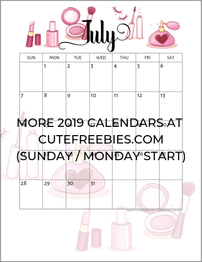 July 2019 Calendar Printable Planner - Free Printable #cutefreebiesforyou #makeuplover #freeprintable