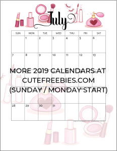 July 2019 Calendar Printable Planner - Free Printable #cutefreebiesforyou #makeuplover #freeprintable