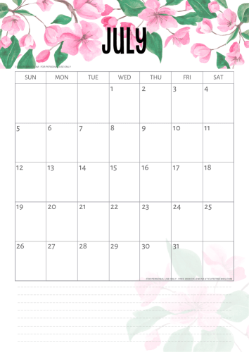 July 2020 calendar - cherry blossoms calendar #cutefreebiesforyou #freeprintable #sakura #cherryblossoms