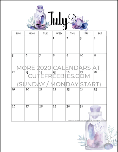 July 2020 Calendar Free Printable - Monthly planner printable with crystal gems. A4 A5 and US Letter size. Free pdf download now! #cutefreebiesforyou #freeprintable #crystals #bujomonthly #gems