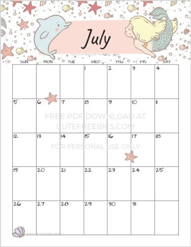 July 2020 mermaid calendar printable