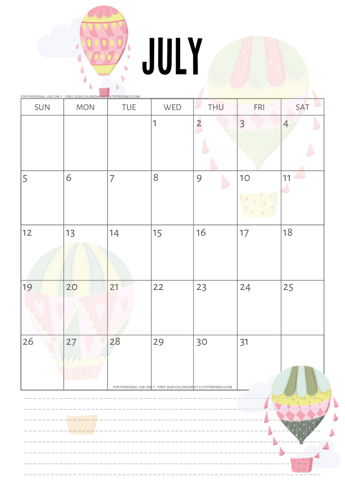 July 2020 calendar free printable - hot air balloons theme #cutefreebiesforyou
