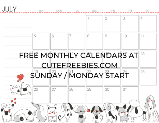 July 2020 Calendar Planner - Free Printable #cutefreebiesforyou #cutedogs #freeprintable