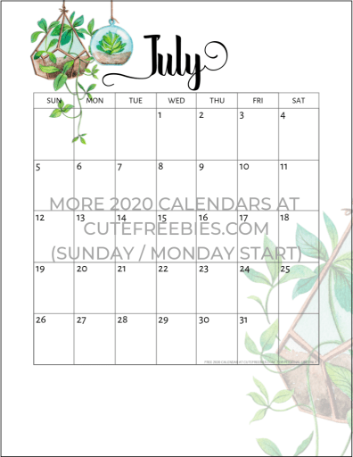 July 2020 calendar free printable with plants design