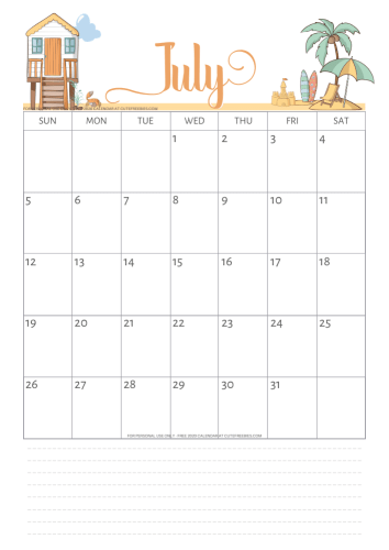 July 2020 calendar free printable - summer beach theme #cutefreebiesforyou