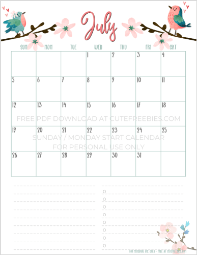 July 2020 floral calendar printable