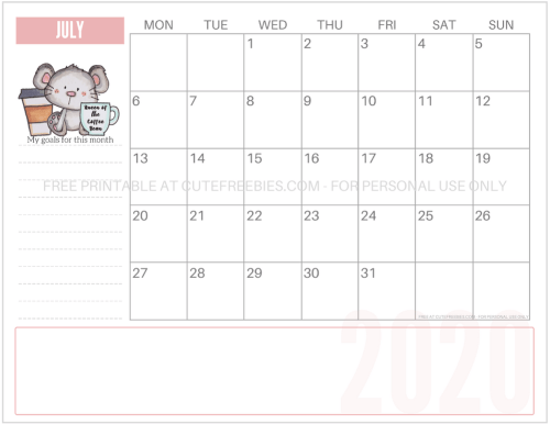 July 2020 Calendar - Year of the Rat monthly calendar - Cute 2020 coffee mouse calendar - free pdf download now! #freeprintable #cutefreebiesforyou #yearoftherat #mouse #coffeelover