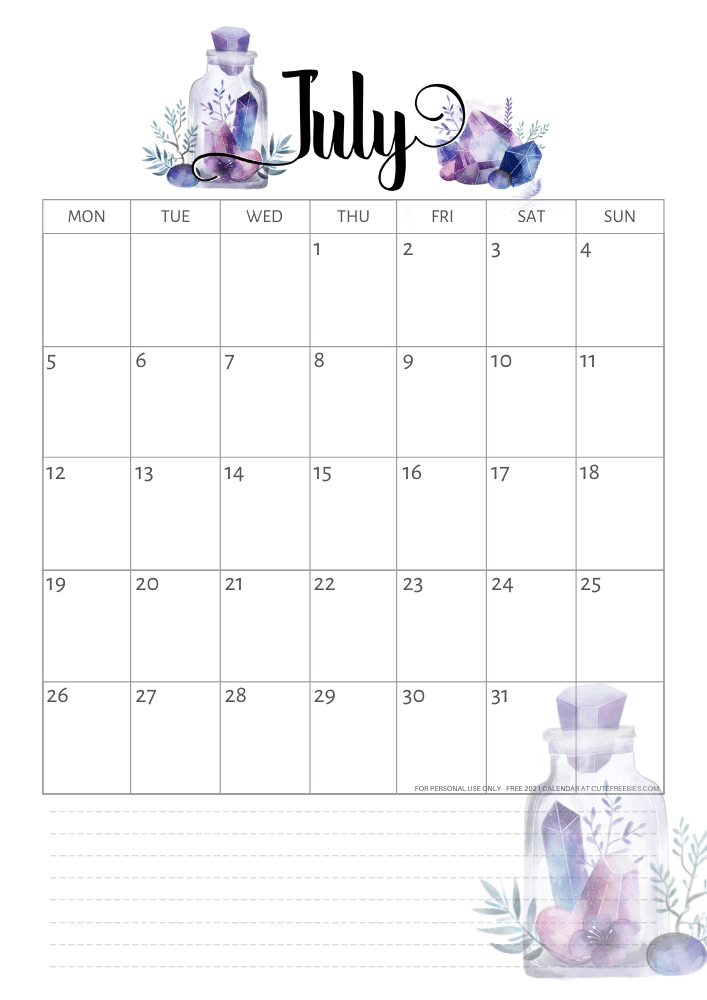 July 2021 calendar - free printable monthly calendar with purple crystals (SEE PREVIOUS POST DO DOWNLOAD THE PDF)