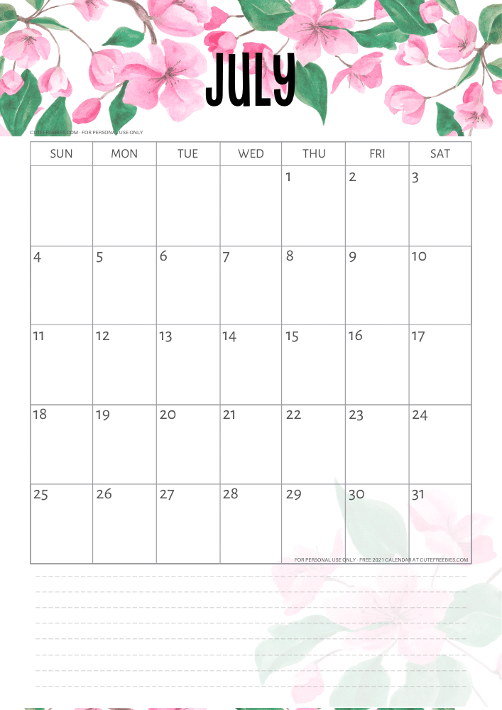 July 2021 free printable calendar with pink cherry blossoms #cutefreebiesforyou - SEE PREVIOUS POST TO DOWNLOAD THE FREE PDF FILE