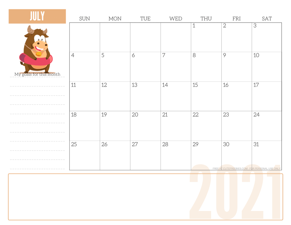 July 2021 year of the ox calendar - free printable monthly planner #freeprintable #cutefreebiesforyou SEE PREVIOUS POST TO DOWNLOAD THE PDF FILE