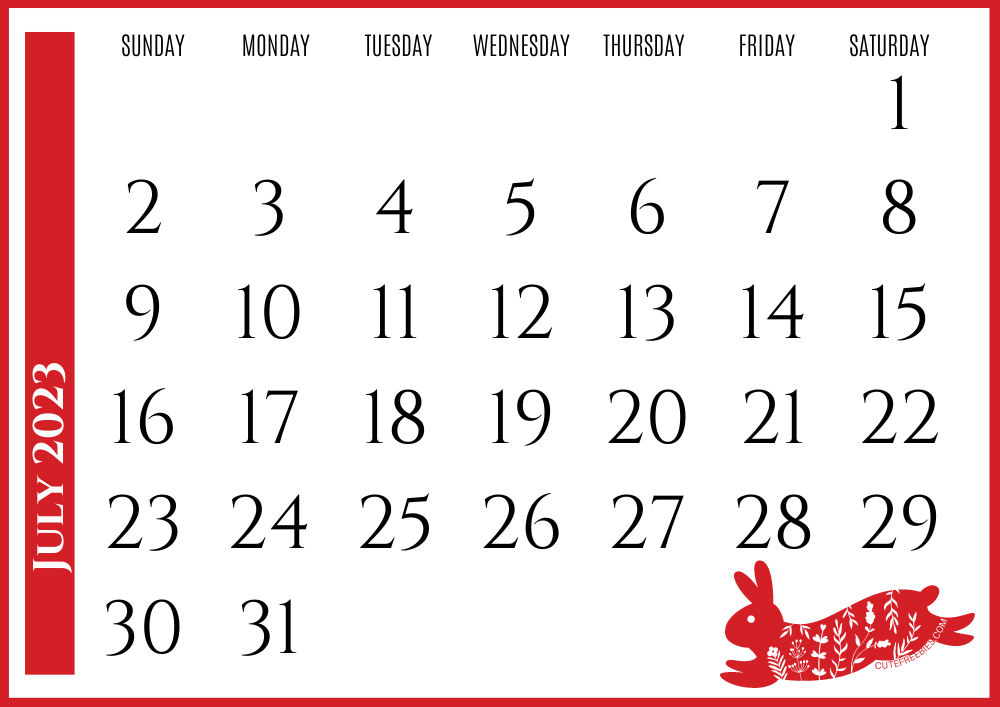 July 2023 Year of the rabbit calendar - Free printable Chinese New Year monthly calendar #cutefreebiesforyou - SEE PREVIOUS POST TO DOWNLOAD THE COMPLETE 2023 CALENDAR