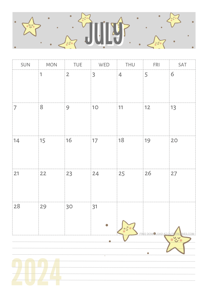 July 2024 Yellow stars calendar free printable - SEE PREVIOUS POST TO DOWNLOAD THE COMPLETE 2024 CALENDAR