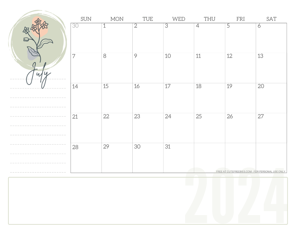 JULY 2024 minimalist floral calendar - simple floral line design #cutefreebiesforyou #freeprintable SEE PREVIOUS POST TO DOWNLOAD THE COMPLETE 2024 CALENDAR