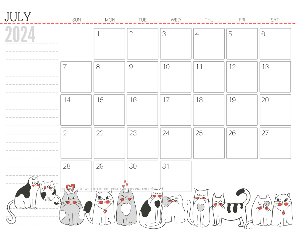 July 2024 monthly planner cat free printable #cutefreebiesforyou - SEE PREVIOUS POST TO DOWNLOAD THE COMPLETE 2024 CALENDAR