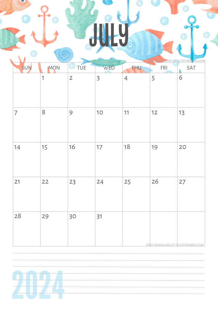 July 2024 Under the Sea themed calendar free printable - SEE PREVIOUS POST TO DOWNLOAD THE COMPLETE 2024 CALENDAR