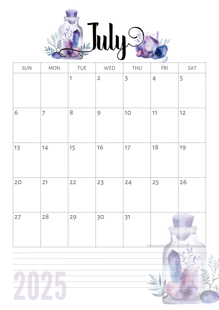 July 2025 calendar - free printable monthly calendar with purple crystals (SEE PREVIOUS POST TO DOWNLOAD THE COMPLETE 2025 CALENDAR)