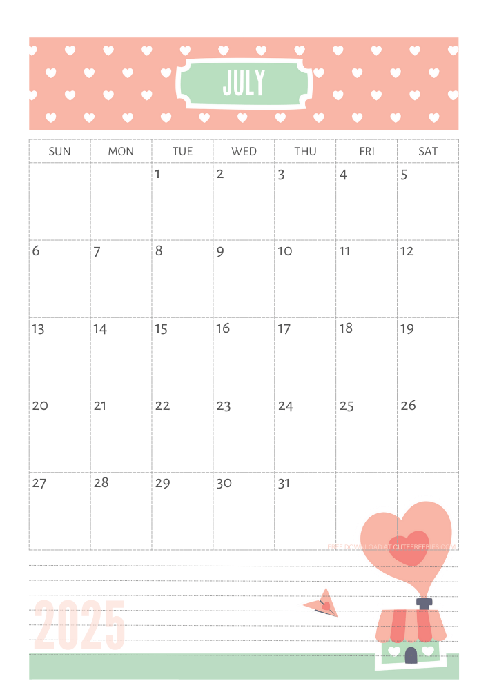 July 2025 Cute calendar free printable - SEE PREVIOUS POST TO DOWNLOAD THE COMPLETE 2025 CALENDAR